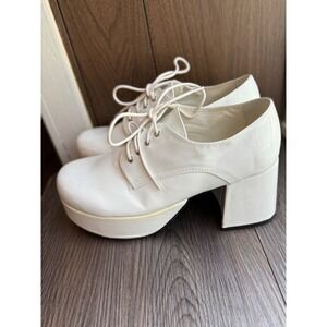 White Platform Oxford Heels, Women's Lace Up Chunky Heel Shoes, Retro size small